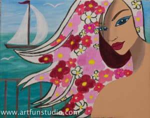 painting of a girl with sea and boat on background