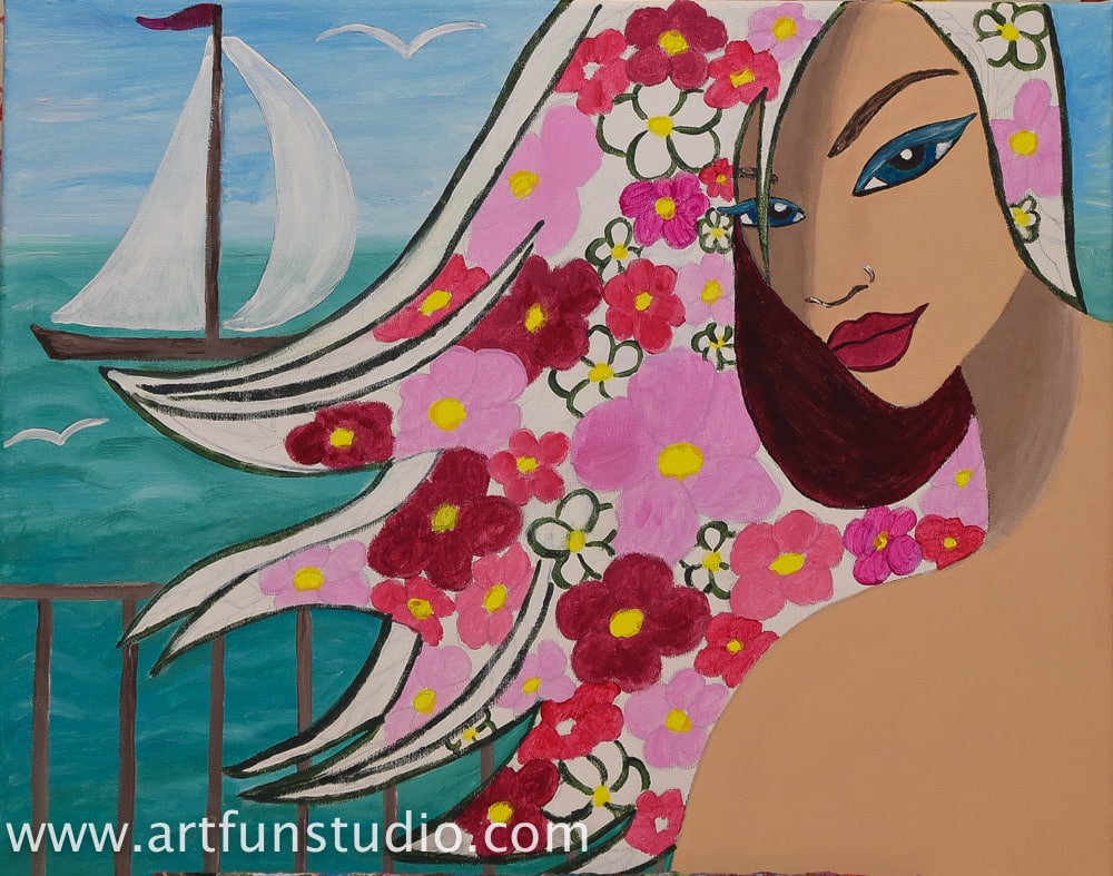 painting of a girl with sea and boat on background