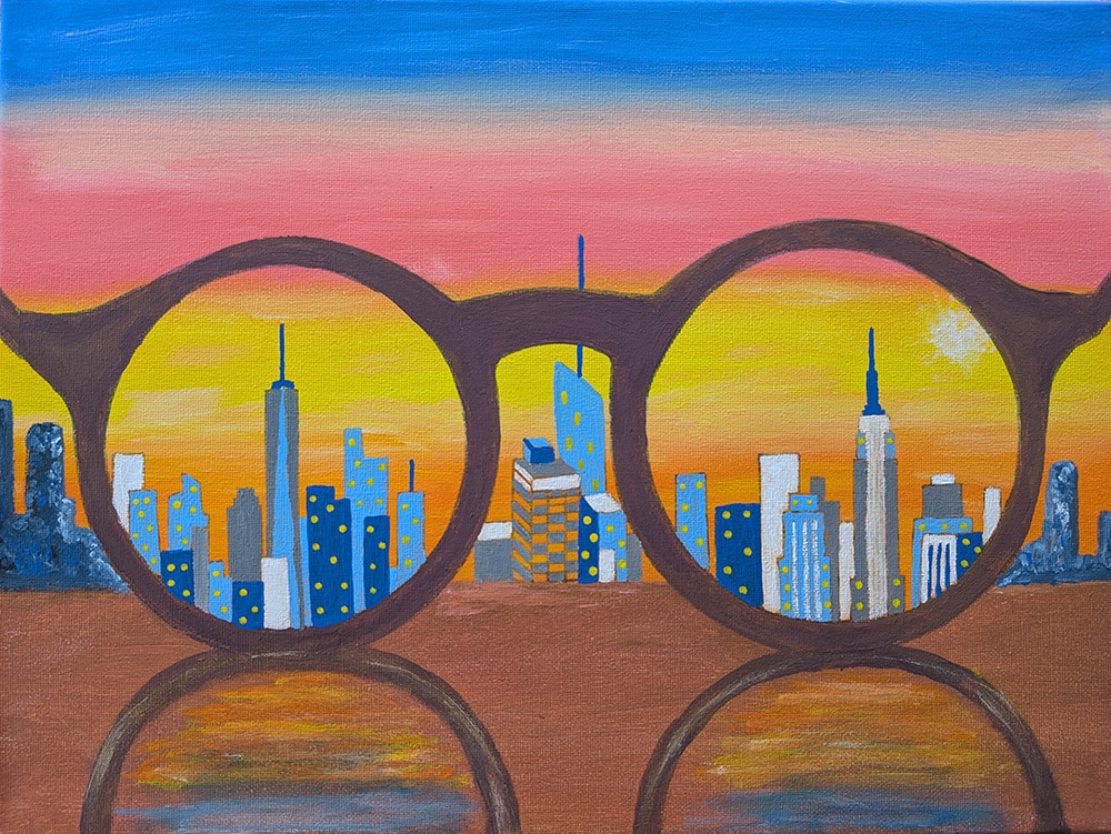 Manhattan reflection in glasses