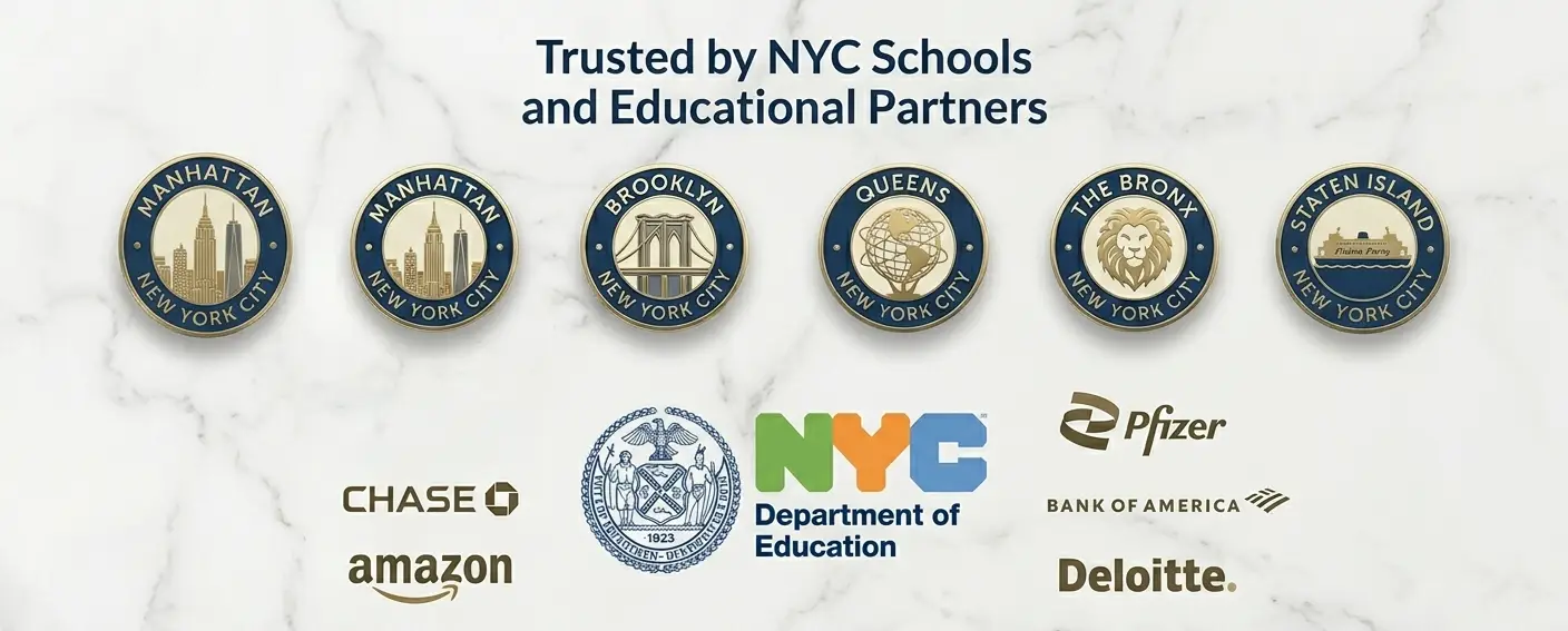 Official NYC DOE vendor badges for all five boroughs with trusted partners Chase, Amazon, Capital One, Pfizer, and Deloitte.